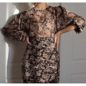 Zara Women's Dress Ruched Metallic & Floral Print Small Romantic Partial-Sheer